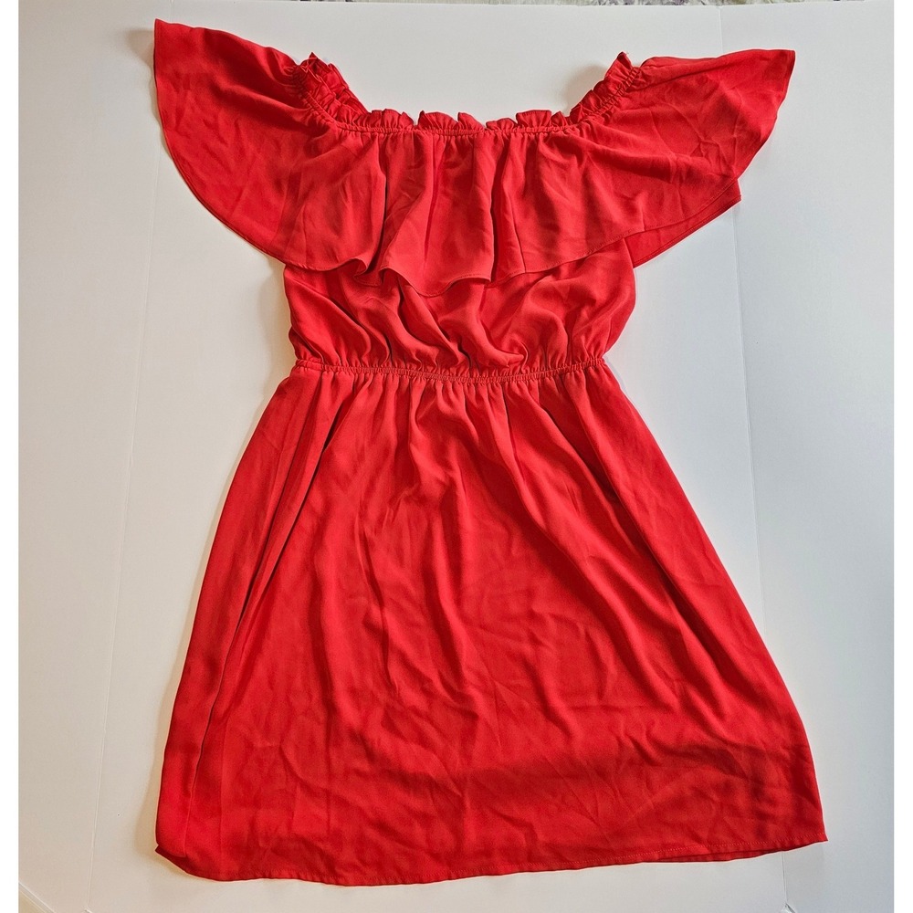 Express Off The Shoulder Dress Womens Small Red Ruffle Elastic Waist Mini‎ Dress
